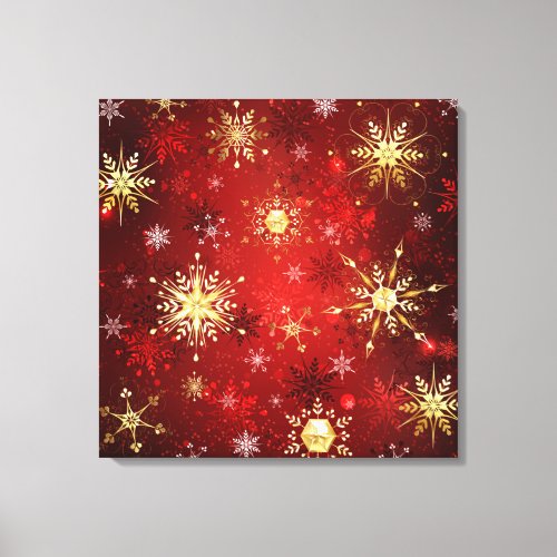 Christmas Golden Snowflakes on Red Background Canvas Print