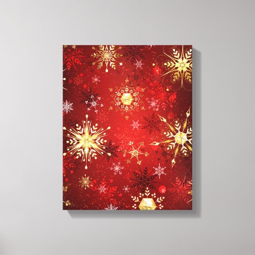 Christmas Golden Snowflakes on Red Background Canvas Print