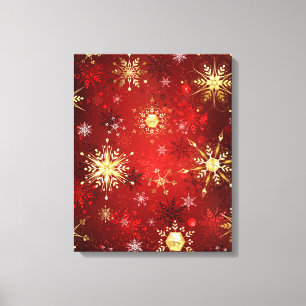 Christmas Golden Snowflakes on Red Background Canvas Print