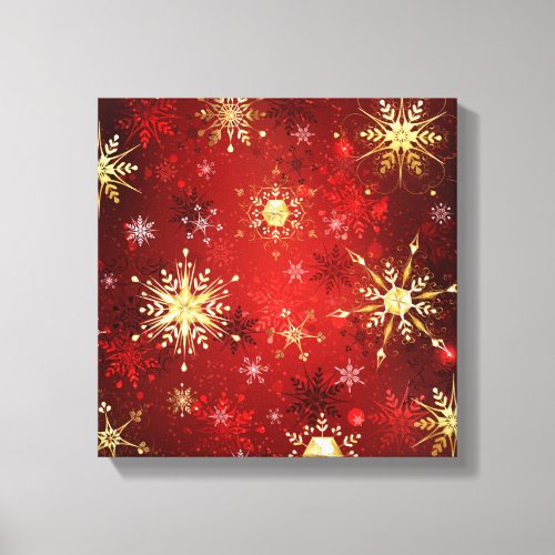 Christmas Golden Snowflakes on Red Background Canvas Print