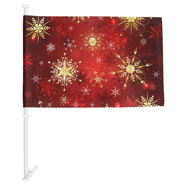 Christmas Golden Snowflakes on Red Background Car Flag (Front)
