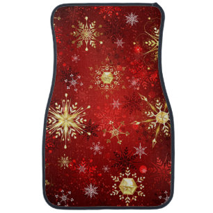 Christmas Golden Snowflakes on Red Background Car Floor Mat