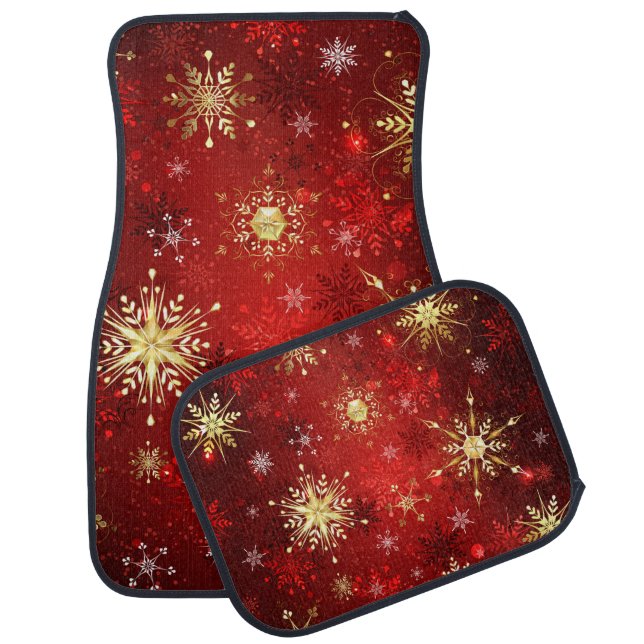 Christmas Golden Snowflakes on Red Background Car Floor Mat (Set)