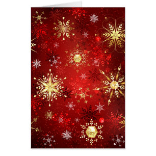 Christmas Golden Snowflakes on Red Background Card