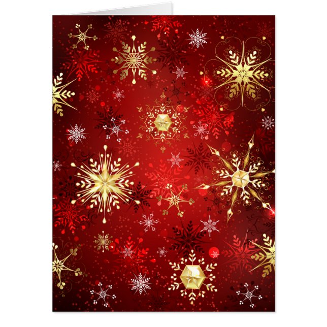 Christmas Golden Snowflakes on Red Background Card (Front)