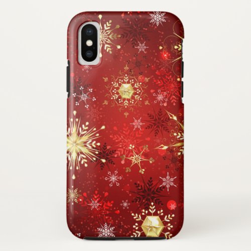 Christmas Golden Snowflakes on Red Background iPhone X Case