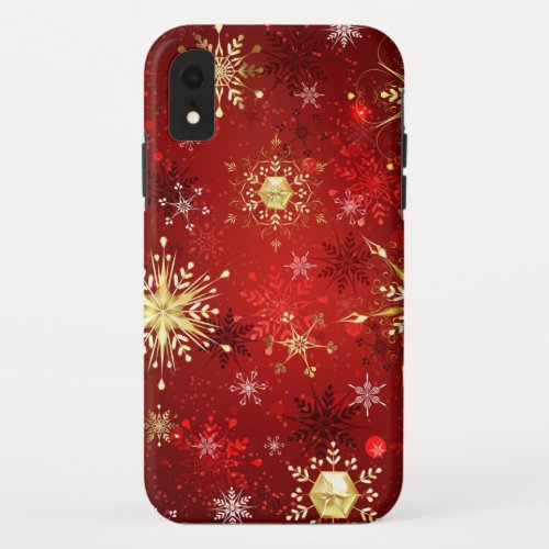 Christmas Golden Snowflakes on Red Background iPhone XR Case