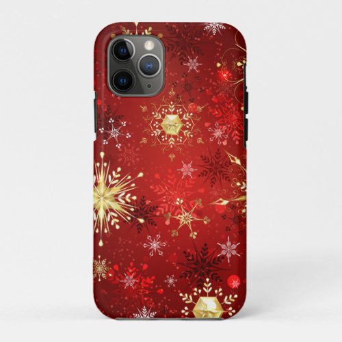 Christmas Golden Snowflakes on Red Background iPhone 11 Pro Case