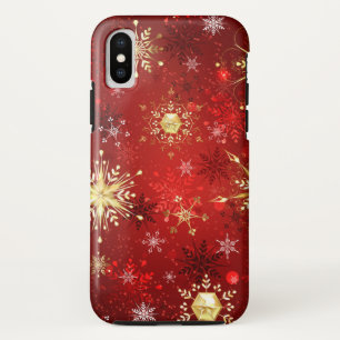 Christmas Golden Snowflakes on Red Background iPhone XS Case