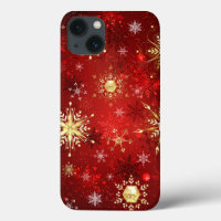 Christmas Golden Snowflakes on Red Background
