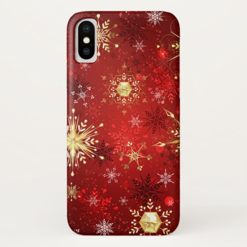 Christmas Golden Snowflakes on Red Background iPhone X Case