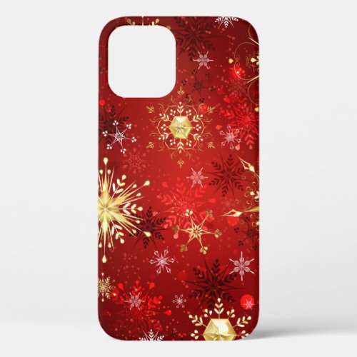 Christmas Golden Snowflakes on Red Background iPhone 12 Pro Case