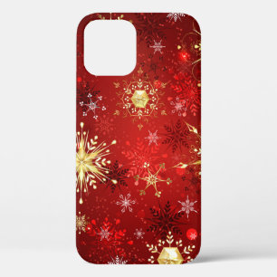 Christmas Golden Snowflakes on Red Background iPhone 12 Case
