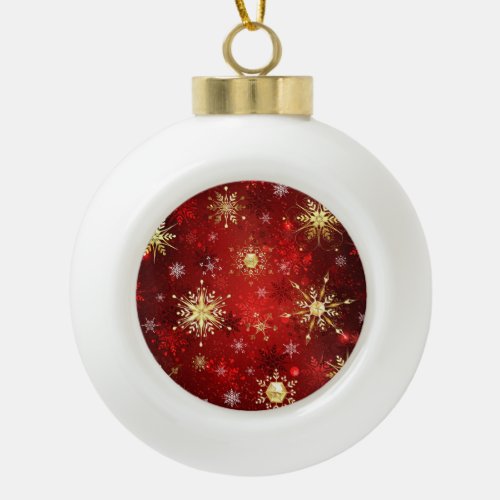 Christmas Golden Snowflakes on Red Background Ceramic Ball Christmas Ornament