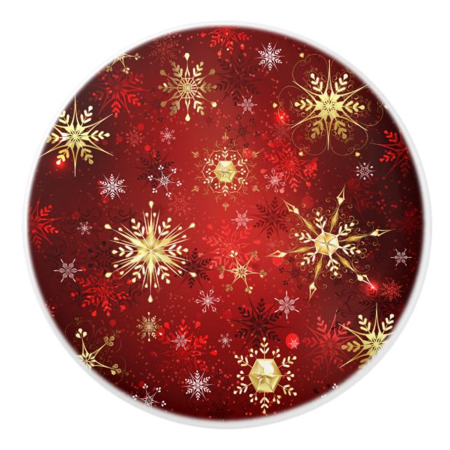 Christmas Golden Snowflakes on Red Background Ceramic Knob (Front)