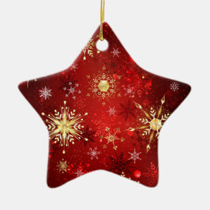 Christmas Golden Snowflakes on Red Background Ceramic Ornament