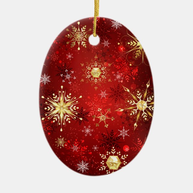 Christmas Golden Snowflakes on Red Background Ceramic Ornament (Front)