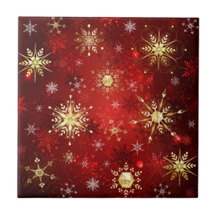 Christmas Golden Snowflakes on Red Background Ceramic Tile