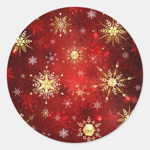 Christmas Golden Snowflakes on Red Background Classic Round Sticker