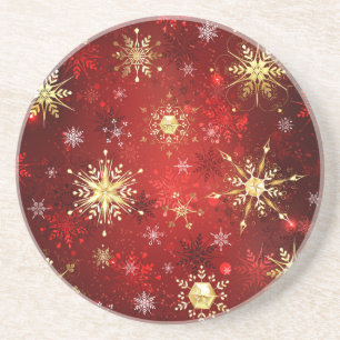 Christmas Golden Snowflakes on Red Background Coaster