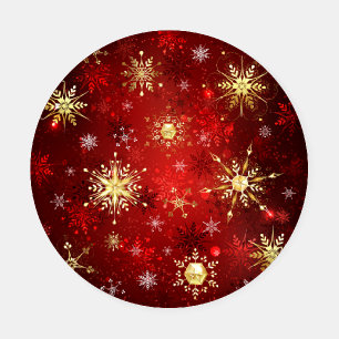 Christmas Golden Snowflakes on Red Background Coaster Set