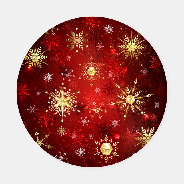 Christmas Golden Snowflakes on Red Background Coaster Set (Single)