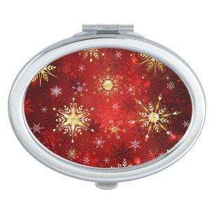 Christmas Golden Snowflakes on Red Background Compact Mirror