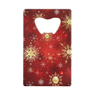 Christmas Golden Snowflakes on Red Background Credit Card Bottle Opener