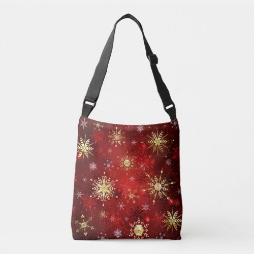 Christmas Golden Snowflakes on Red Background Crossbody Bag