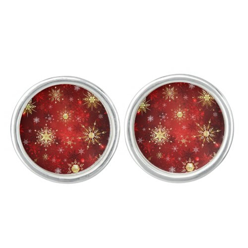 Christmas Golden Snowflakes on Red Background Cufflinks