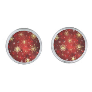 Christmas Golden Snowflakes on Red Background Cufflinks