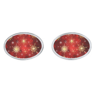 Christmas Golden Snowflakes on Red Background Cufflinks
