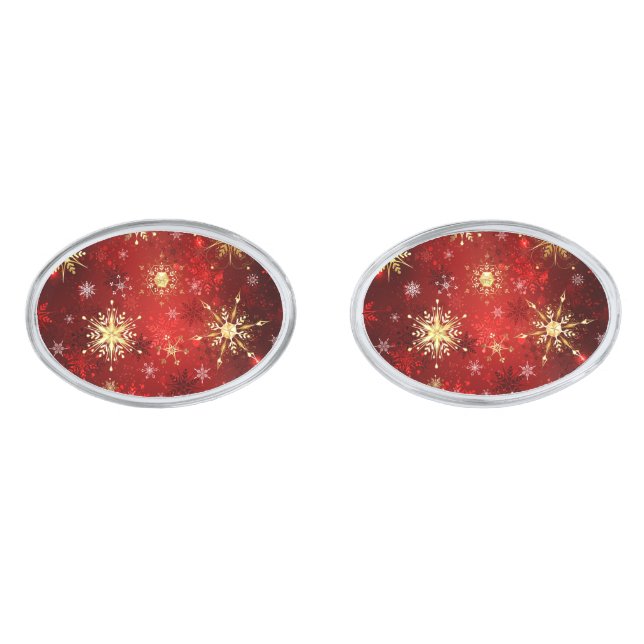 Christmas Golden Snowflakes on Red Background Cufflinks (Front)