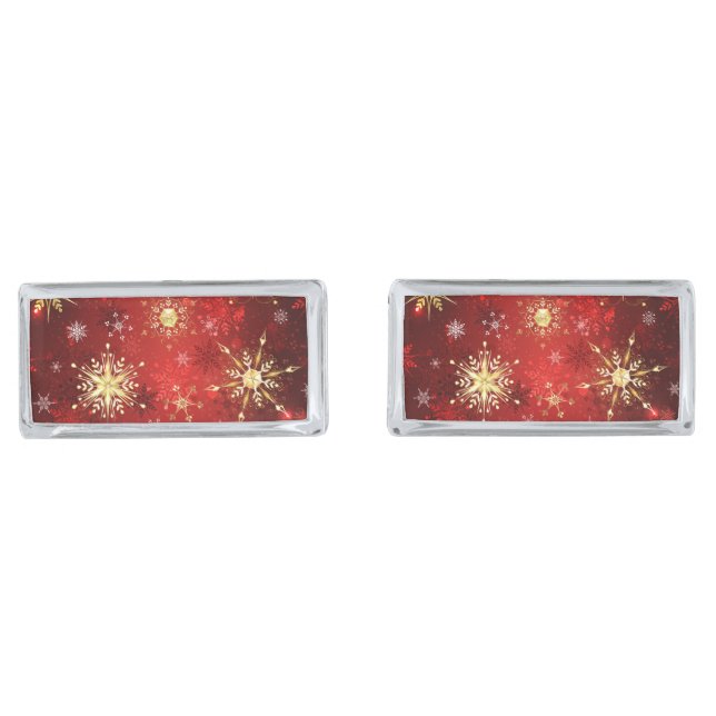 Christmas Golden Snowflakes on Red Background Cufflinks (Front)