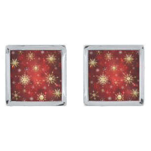 Christmas Golden Snowflakes on Red Background Cufflinks