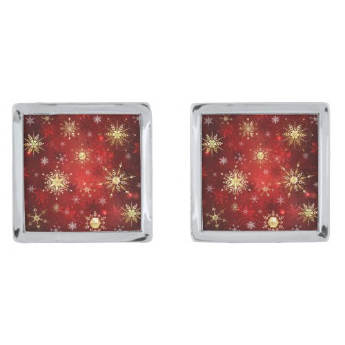 Christmas Golden Snowflakes on Red Background Cufflinks