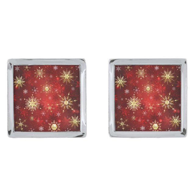 Christmas Golden Snowflakes on Red Background Cufflinks (Front)