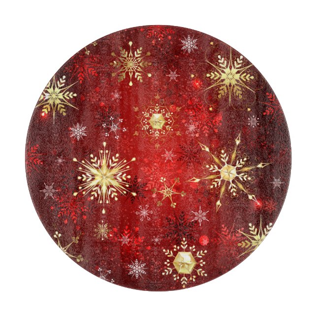 Christmas Golden Snowflakes on Red Background Cutting Board (Front)