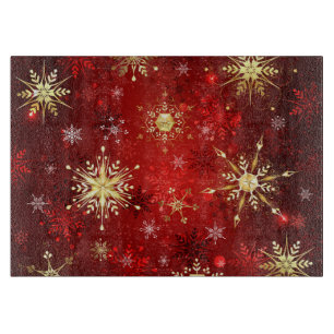 Christmas Golden Snowflakes on Red Background Cutting Board