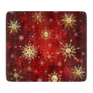 Christmas Golden Snowflakes on Red Background Cutting Board