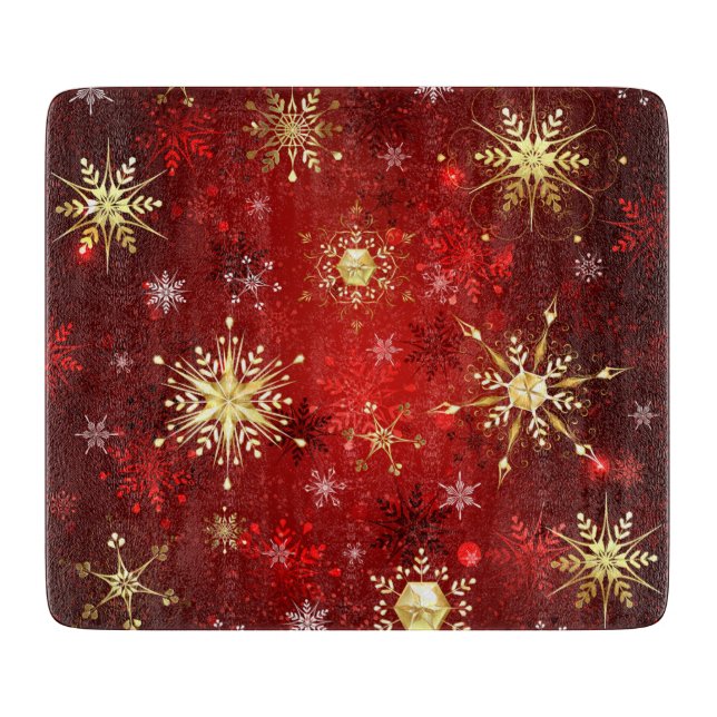 Christmas Golden Snowflakes on Red Background Cutting Board (Front)