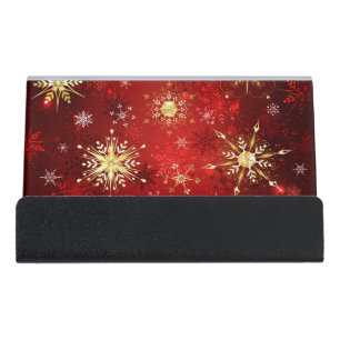 Christmas Golden Snowflakes on Red Background Desk Business Card Holder