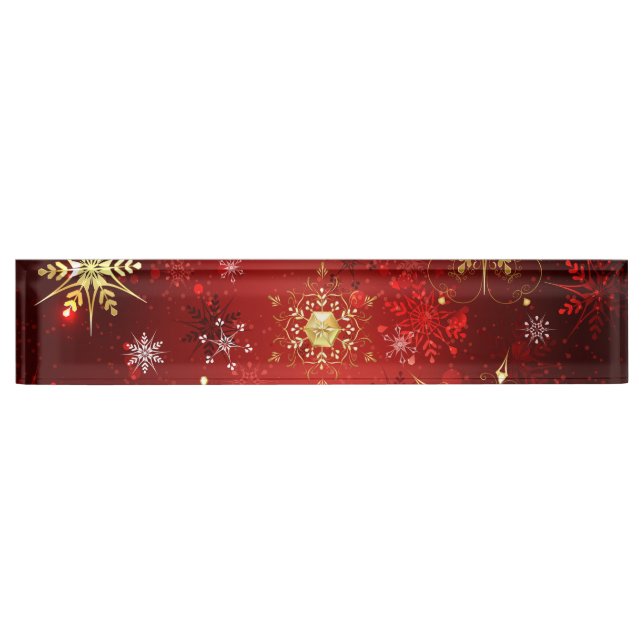 Christmas Golden Snowflakes on Red Background Desk Name Plate (Front)