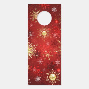 Christmas Golden Snowflakes on Red Background Door Hanger