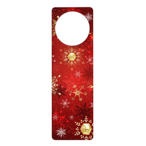 Christmas Golden Snowflakes on Red Background Door Hanger