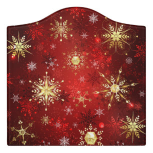 Christmas Golden Snowflakes on Red Background Door Sign