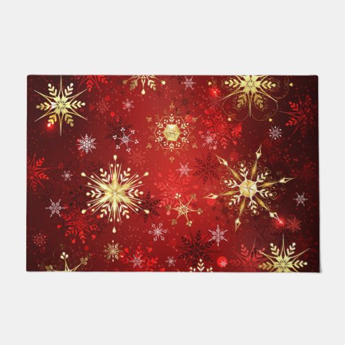 Christmas Golden Snowflakes on Red Background Doormat