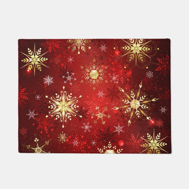 Christmas Golden Snowflakes on Red Background Doormat (Front)