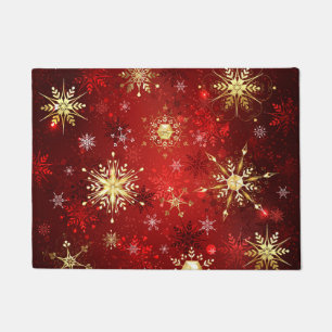 Christmas Golden Snowflakes on Red Background Doormat