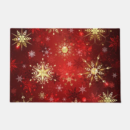 Christmas Golden Snowflakes on Red Background Doormat